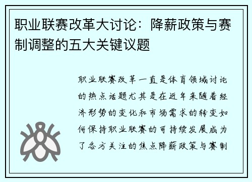 职业联赛改革大讨论：降薪政策与赛制调整的五大关键议题