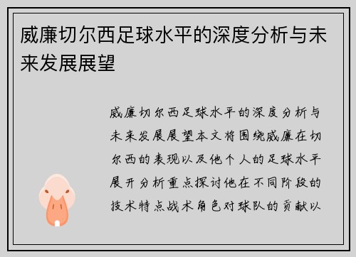威廉切尔西足球水平的深度分析与未来发展展望
